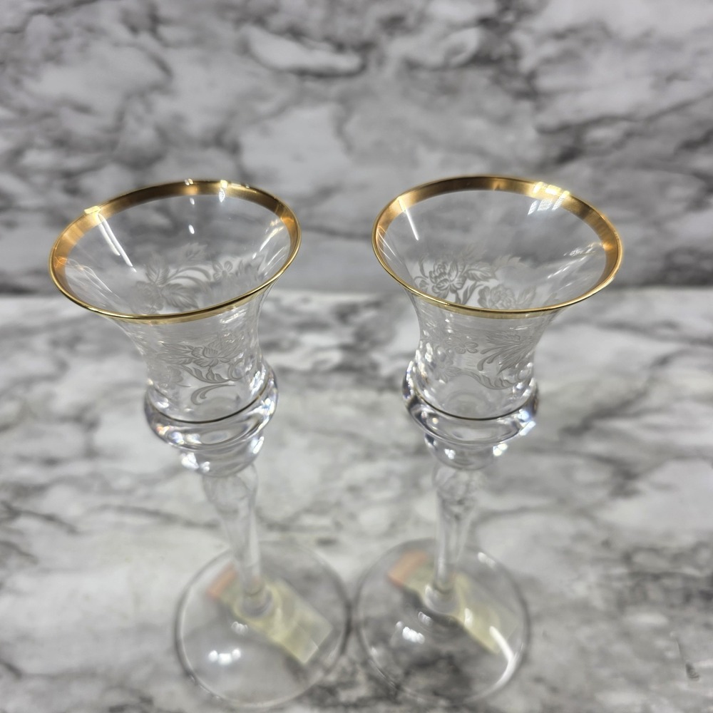 Crystal Glass Candle Holders Set of 2 Gold Rim Mikasa "Antique Lace" Vtg Stemmed - Picture 3 of 6